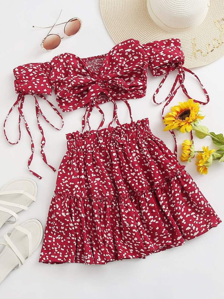 All Over Print Knotted Bardot Top & Skirt Set | SHEIN