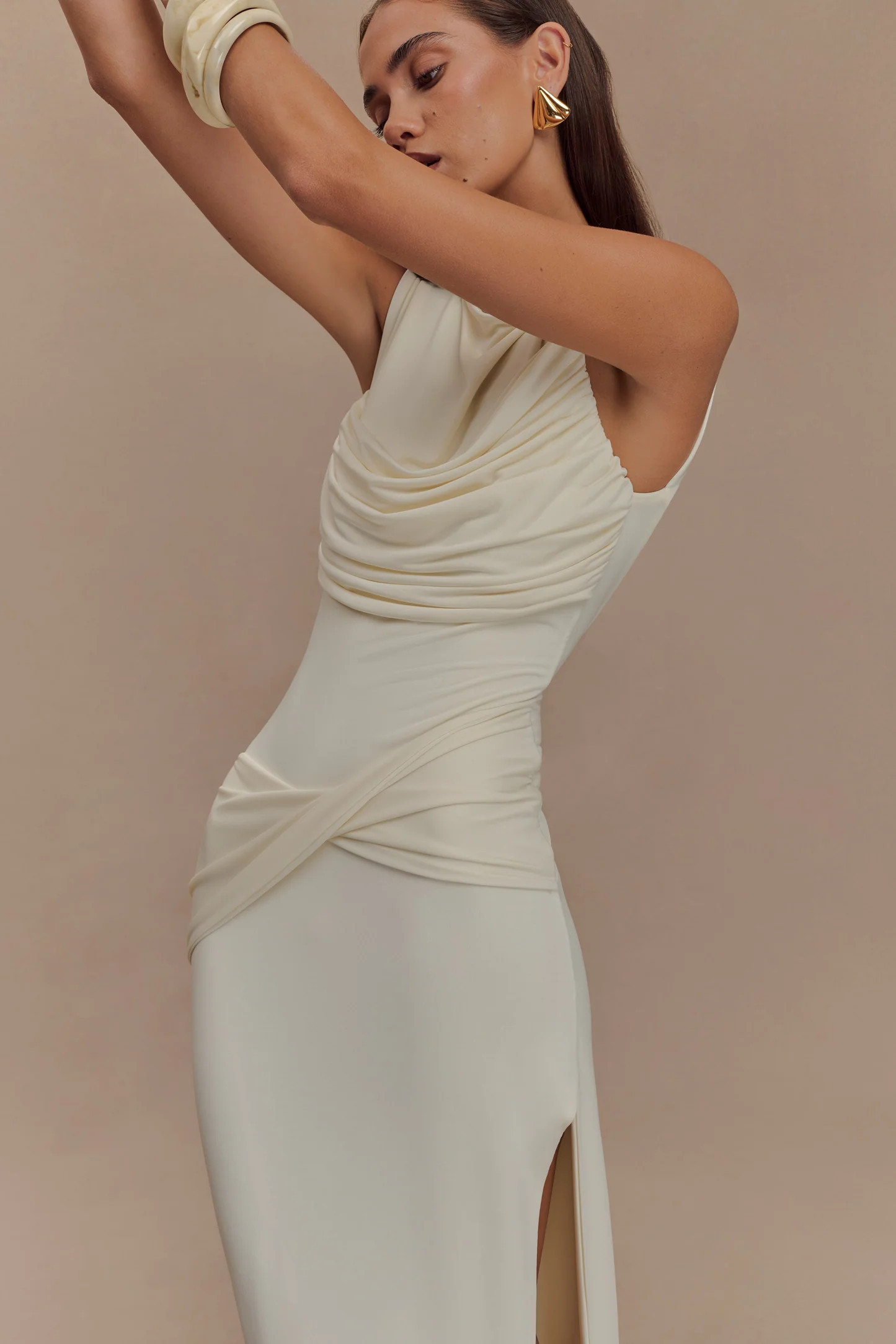 Henley Slinky Drape Maxi Dress - Ivory | MESHKI US