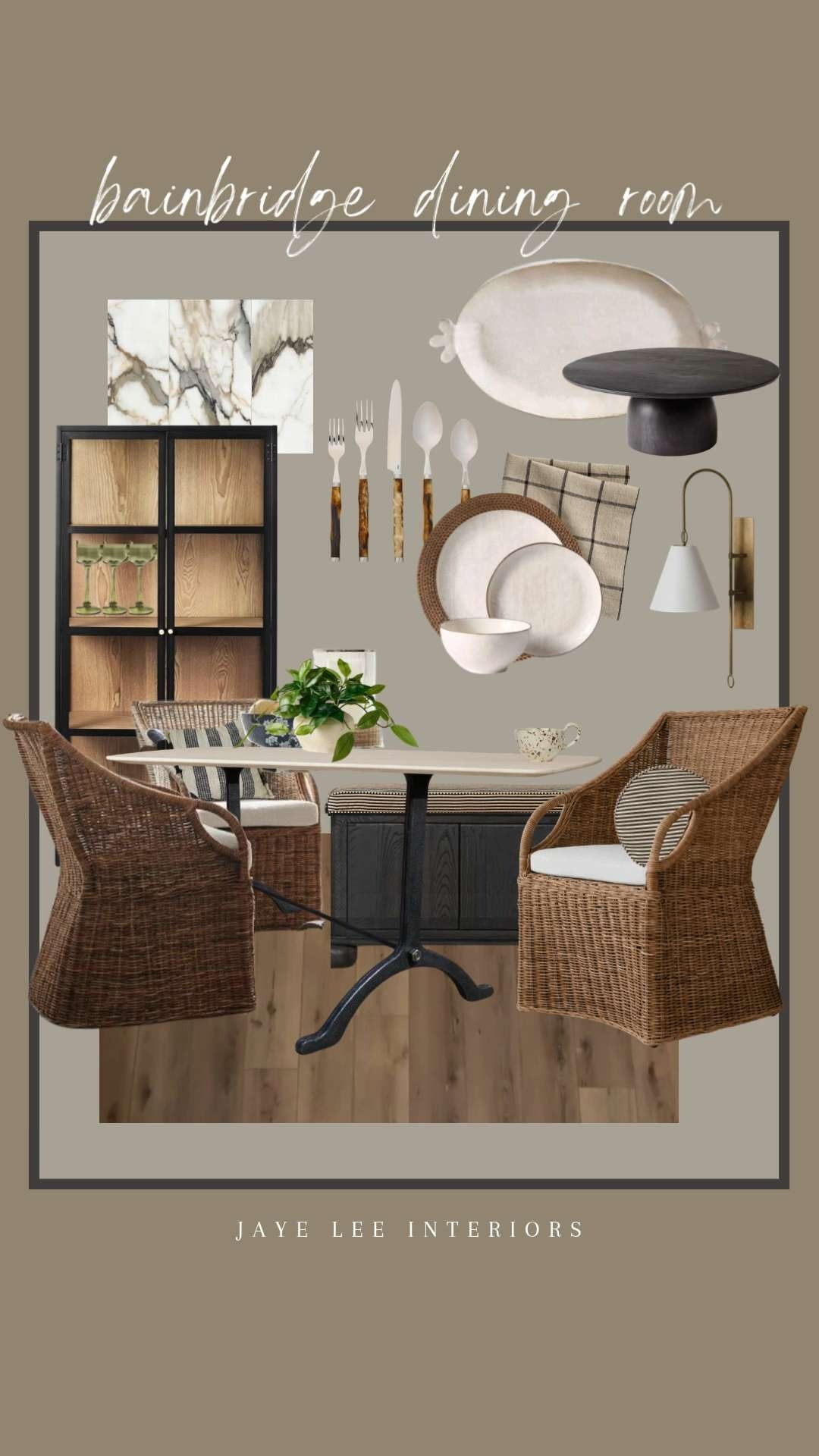 Currently working on a few mood boards for a design project in the PNW. It's a waterfront property that needs to feel warm, cozy and calming with a not-so-cliche natural, coastal vibe. We'll achieve this with inviting banquette seating in the dining room, woven materials, natural stone, neutral tones with varied textures, and lighting that creates a softer mood. #diningroom #williamssonoma #diningchairs #marblediningtable #bistrotable #wayfair #Targetstyle #crateandbarrel #linennapkins #bistrostyle #displatcabinet #walmartdishes #wallsconce #jleeinteriors 

#LTKHome#LTKSaleAlert 

 

#LTKdayinmylife