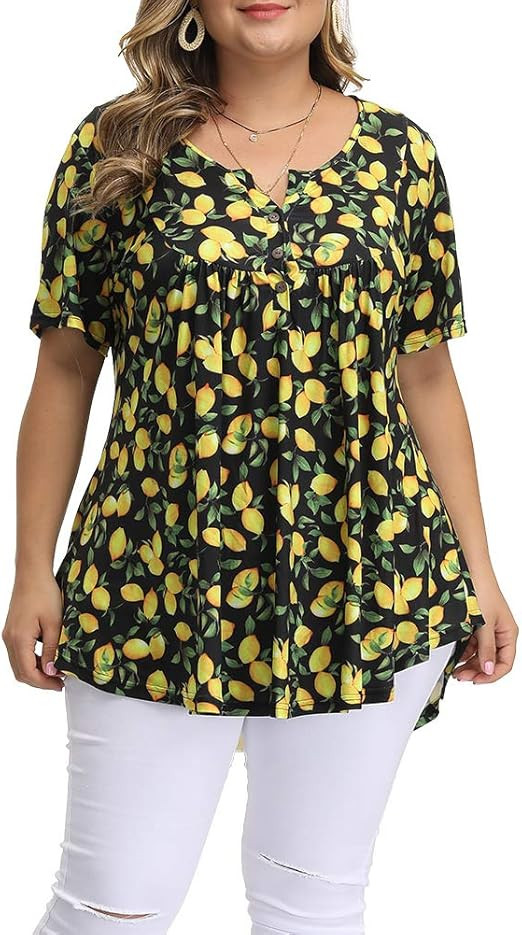 Womens Plus Size Tops Tunic Short Sleeve V Neck Floral Print Shirts Summer Casual Loose Blouse | Amazon (US)