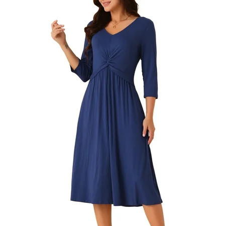 DARING DIVA 3/4 Sleeve Twist Knot Front V Neck A-line Midi Dress S Dark Blue | Walmart (US)