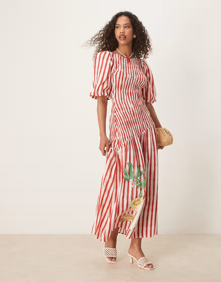 Never Fully Dressed striped cotton midaxi dress in seahorse print-Red | ASOS (Global)