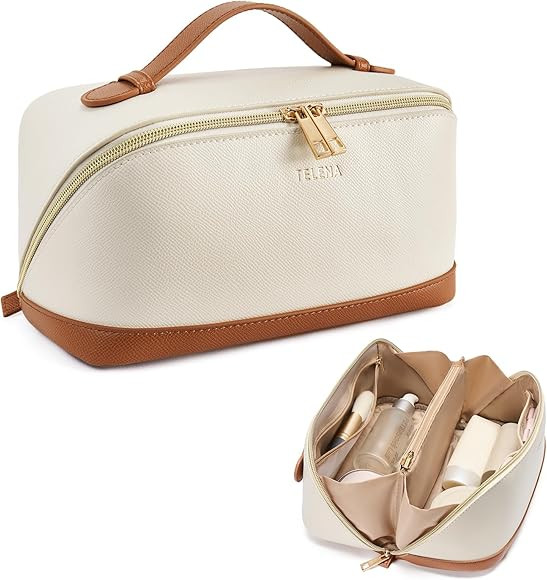 Telena Makeup Bag Large Capacity Travel Cosmetic Bag Portable PU Leather Water Resistant Makeup O... | Amazon (US)