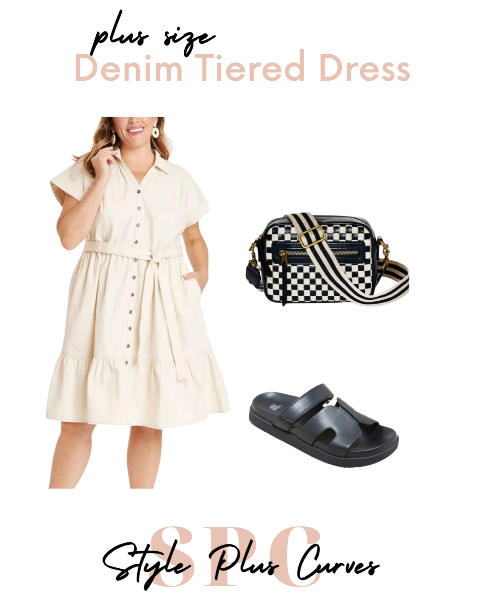 Plus size white denim tiered dress! Love the buttons and tie in the front, styled simply with white and black accessories  

#LTKPlusSize