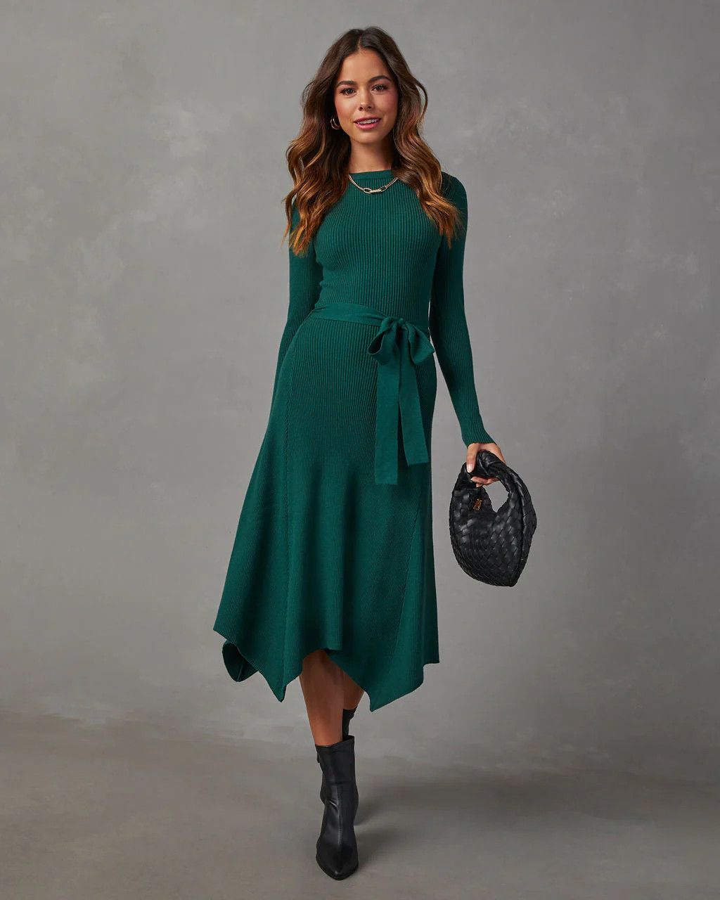 Lia Asymmetrical Hem Tie Waist Midi Sweater Dress | VICI