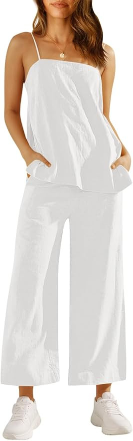 Imily Bela Womens 2 Piece Outfits Linen Set Camisole Tops and Wide Leg Pants Vacation Matching Lo... | Amazon (US)