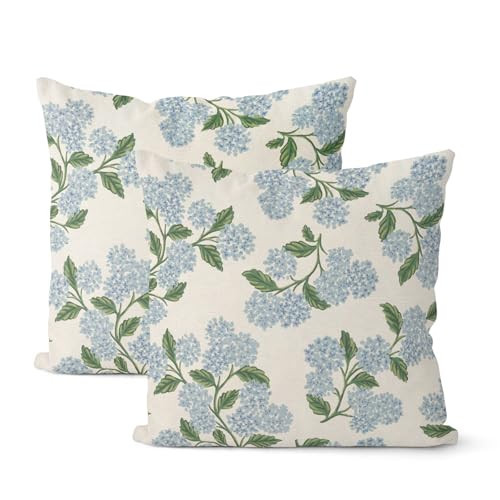 DAFENA Spring Pillow Covers 18x18 Inch 2 Pcs Blue Green Hydrangea Flower Decor Throw Pillows Vintage Floral Seasonal Summer Outdoor Decoration Pillowcase Linen Cushion Cover for Couch Sofa | Amazon (US)