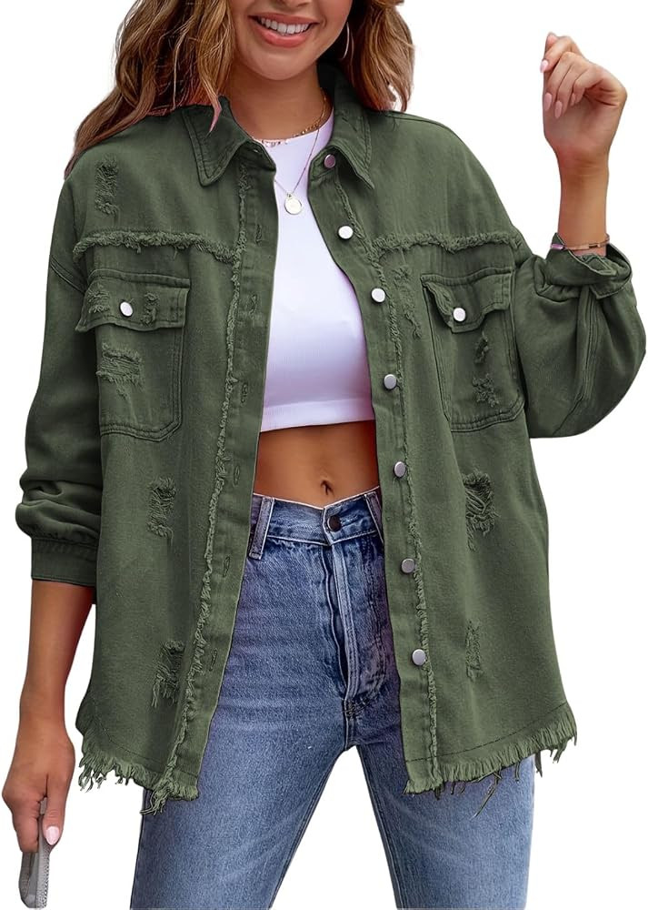 Denim Jacket for Women 2024 Oversized Ripped Jean Jacket Boyfriend Button Down Shirt Frayed Denim... | Amazon (US)