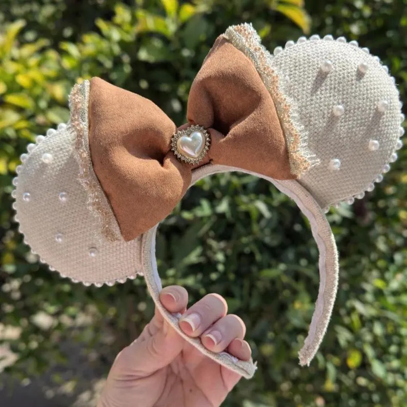 Neutral Mouse Ear Headband, Pearl Trim Theme Park Ears, Beige Bow Headband, Neutral Theme Park Ou... | Etsy (Global)