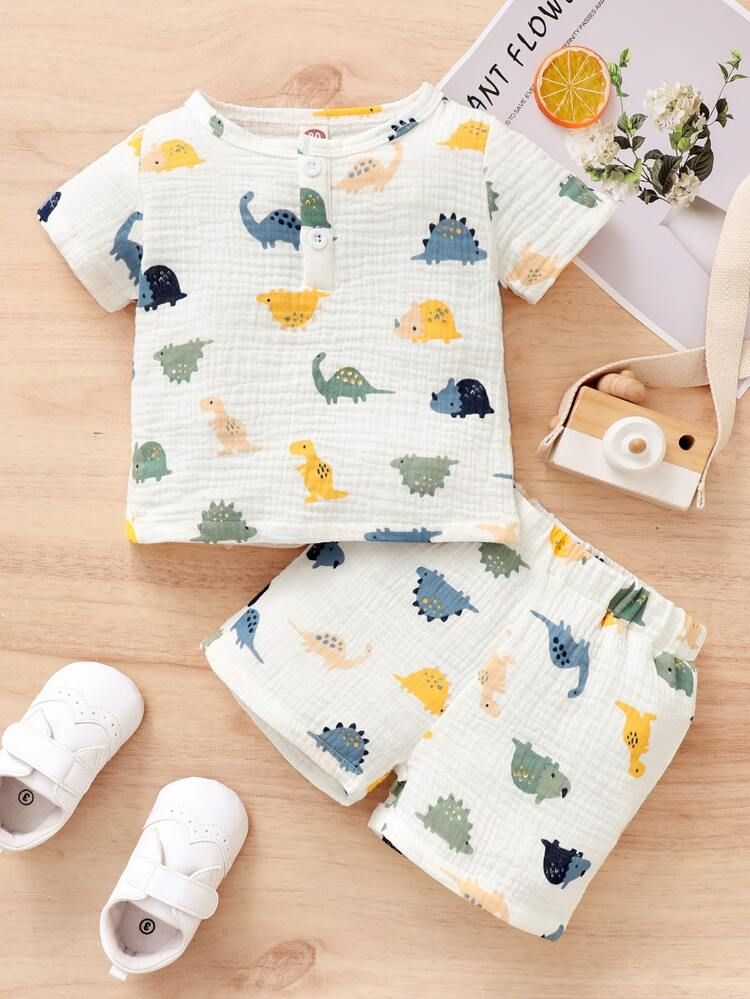 Baby Dinosaur Print Half Button Top & Shorts | SHEIN