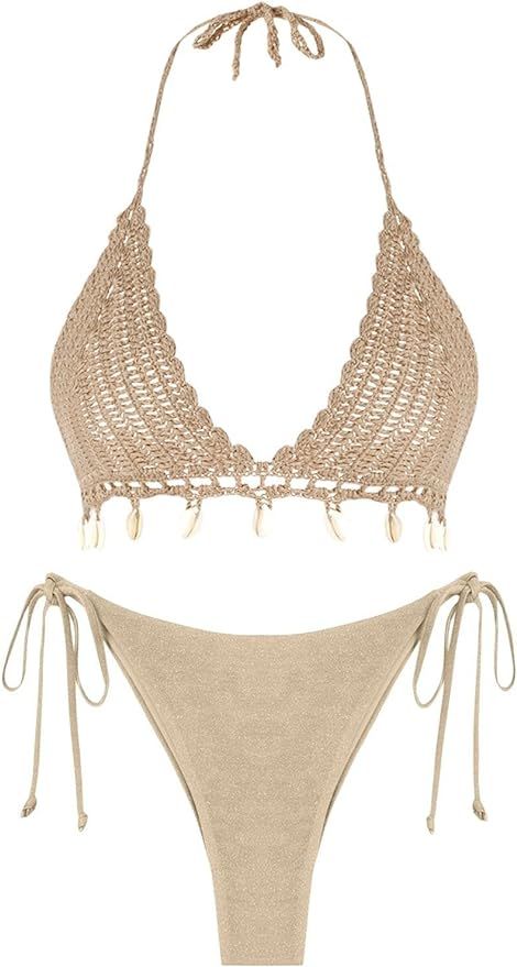 ZAFUL Women Bikini Set Boho Shell Tassel Crochet Tie Swimwear Halter Cheeky Swimsuit Bathing Suit | Amazon (US)