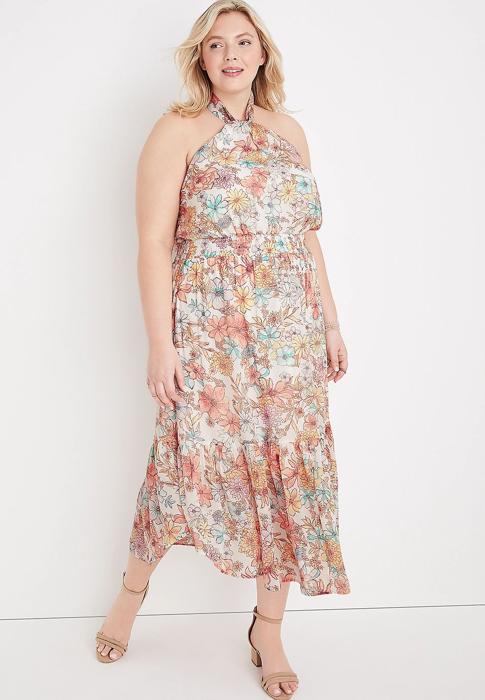 Plus Size Front Twist Floral Halter Midi Dress | Maurices