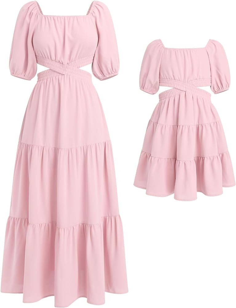 AWIBMK Mommy and Me Dresses Square Neck Solid Color Ruffled Dress with Pockets Summer Cutout Wais... | Amazon (US)
