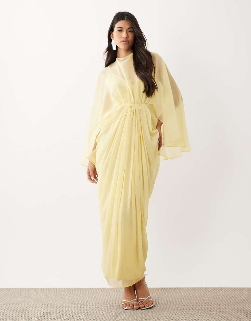 ASOS DESIGN draped cape bodice with skirt and open back with tassel detail maxi dress in yellow | ASOS (Global)
