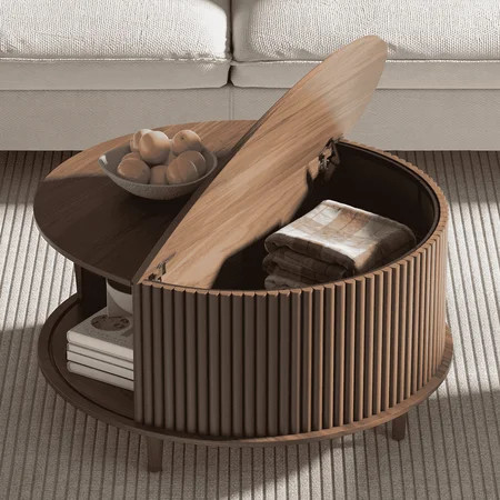 JOINICE Round Coffee Table with Storage and Sliding Door,Mid Century Modern Wooden Center Table,for Living Room,Walnut | Walmart (US)