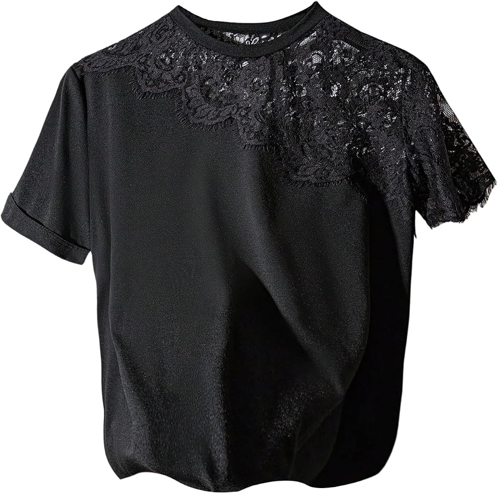 RoseSeek Women's Lace Mesh Patchwork Tops Crew Neck Short Sleeve T Shirts Y2k Tops | Amazon (US)
