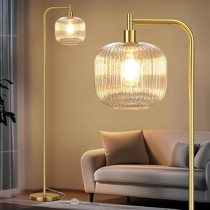 QiMH Glass Floor Lamp for Living Room, Modern Standing Lamp with Ribbed Clear Glass Lampshade Ped... | Amazon (US)