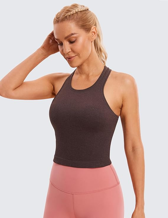 CRZ YOGA Womens Seamless Ribbed Longline High Neck Sports Bra - Racerback Padded Slim Fit Crop Ta... | Amazon (US)