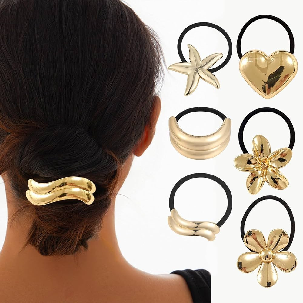 Metal Hair Ties, 6Pcs Gold Star Geometric Elastic Hair Ties, Hair Cuff Wrap Hair Ties for Thick H... | Amazon (US)