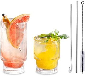 Origami Style Glass Cups Set of 2, Ripple Vintage Glassware Transparent Cocktail Glasses Set, Ice... | Amazon (US)