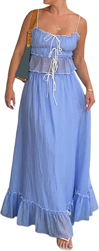 Women 2 Piece Maxi Skirt Sets Summer Y2k Tiered Flowy Ruffle Smocked Beach Long Skirt Sleeveless ... | Amazon (US)