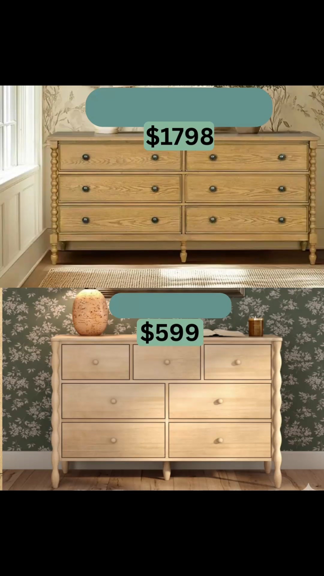 Natural wood turned leg 6 drawer dresser with classic apothecary-inspired design. Splurge ($1,798, wood frame construction) vs Save ($739 - $599 on sale) linked so you can compare quality, style, and price before making a decision.

#LTKHome #LTKU #LTKSaleAlert