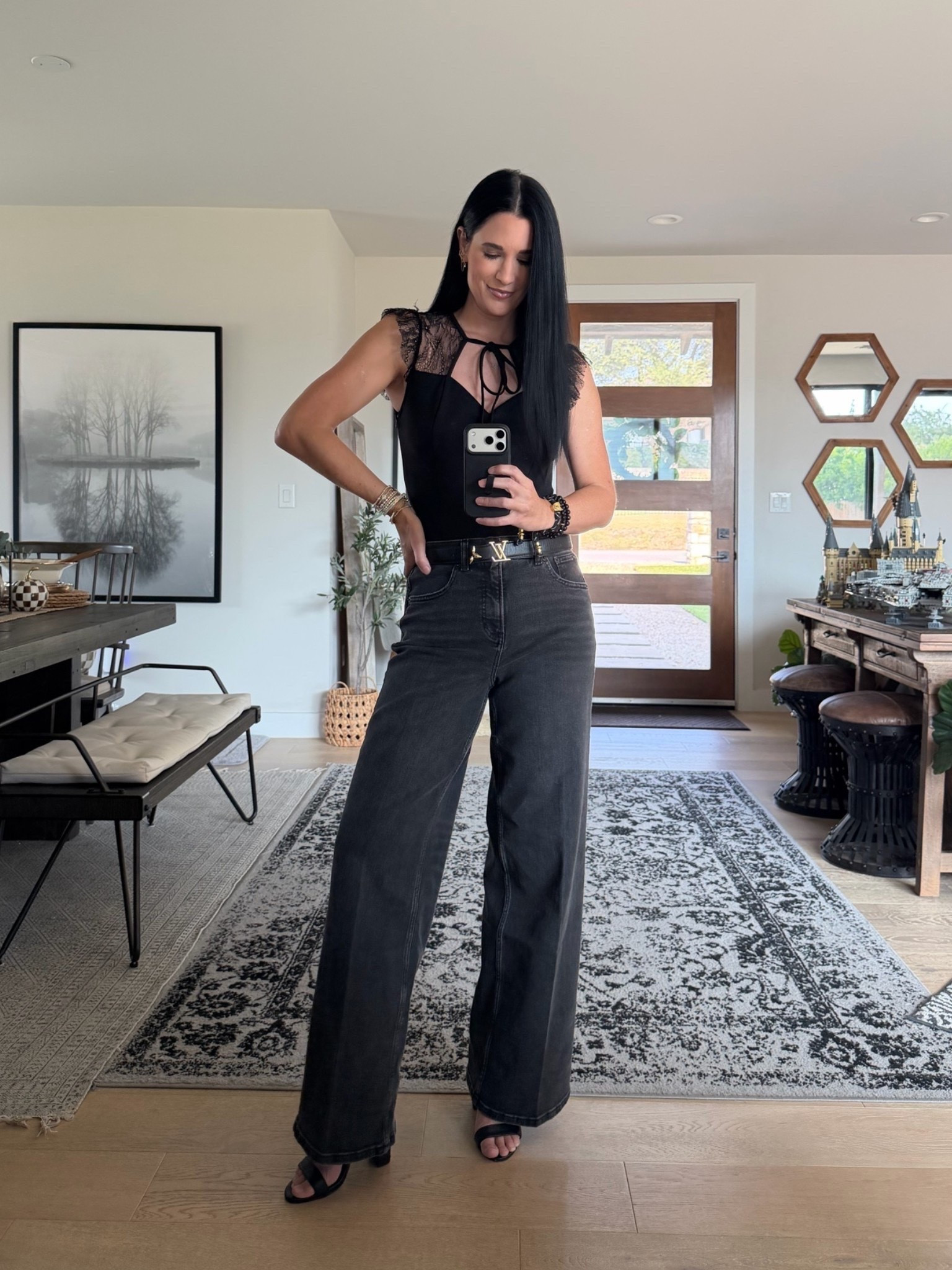 In love with this lace bodysuit from @Lulus. I’m in a small.

My @Spanx  jeans are 20% off sitewide! I’m in a size small.

#LTKOver40 #LTKTall #LTKSaleAlert