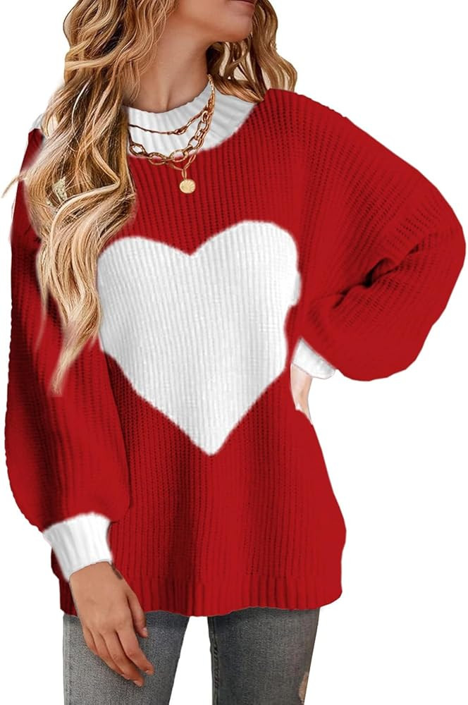 Oversized Valentine Heart Sweater for Women Boyfriend Style Long Sleeve Crewneck Sweaters Women C... | Amazon (US)