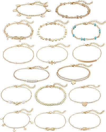 Softones 16Pcs Ankle Bracelets for Women Girls Gold Silver Two Style Chain Beach Anklet Bracelet ... | Amazon (US)