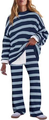 LAMISSCHE Oversized Womens Lounge Set Striped Sweater Set Long Sleeve 2 Piece Pajama Set Top and ... | Amazon (US)