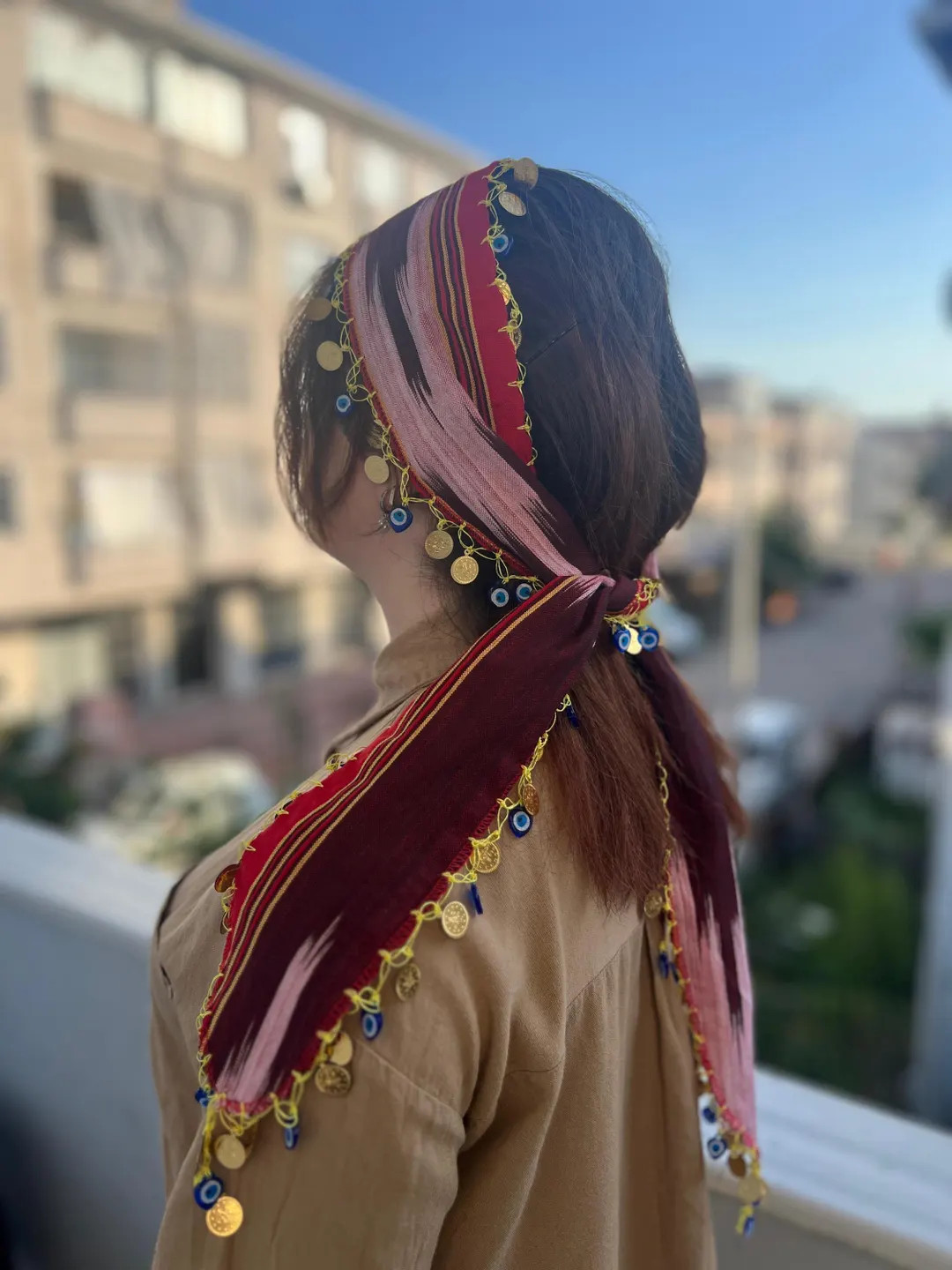 Turkish Keşan Bandana: Red Headscarf With Evil Eye Beads & Gold Coins - Etsy | Etsy (US)