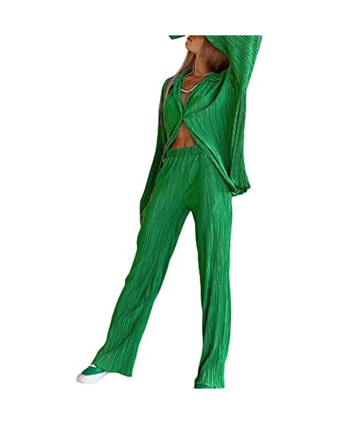 Women 's Casual 2 Piece Outfits, Long Sleeve Button Down Pleated Shirt + Pants Set | Amazon (US)