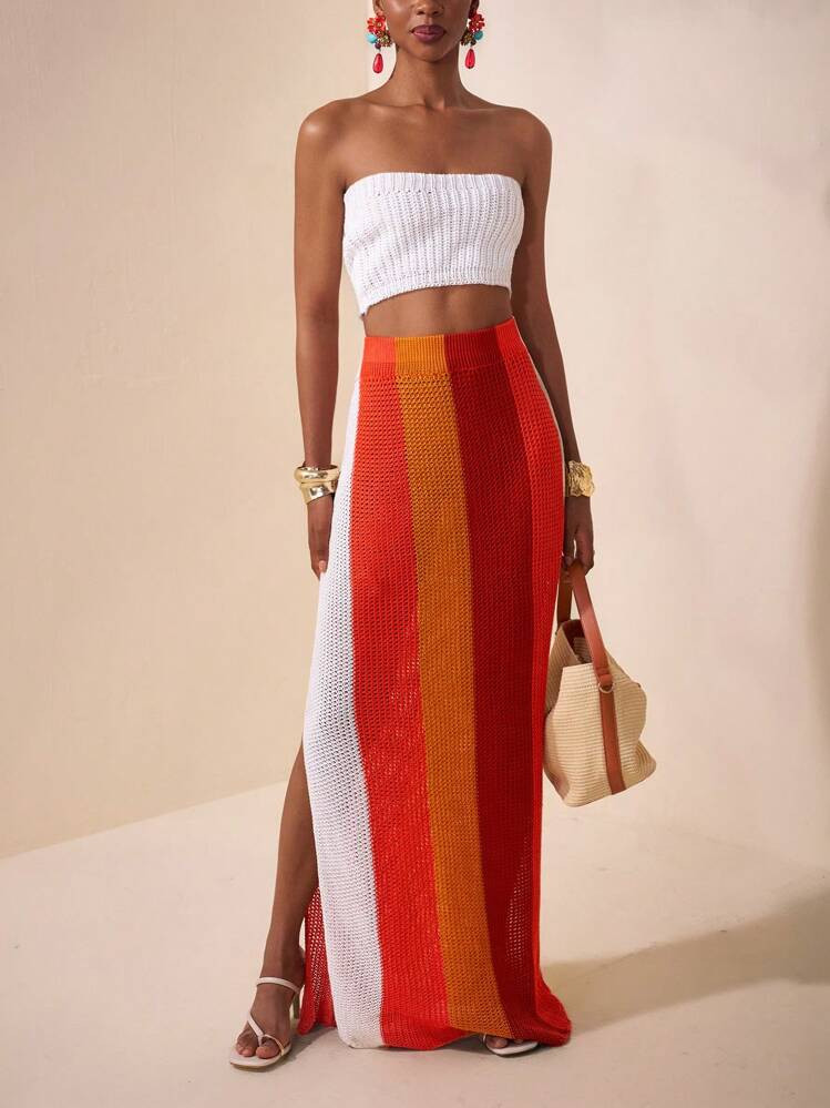New Summer Leisure Vacation Daily Dating Beach Wear European And American Street Style Hot Girl Sexy Tube Top Exposed Belly Button Slim Knitted White Vest + Long Half-Length Hip Skirt Orange Khaki Wine Red White Striped Woolen Long Skirt Ladies Sweater Two Pieces Set Two Pieces Summer Summer 2 Pieces | SHEIN