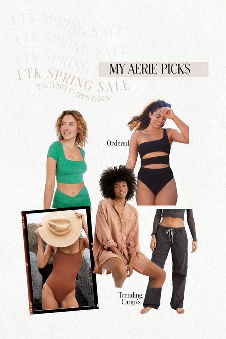Aerie picks 25% off right now! Love their swimsuits, ordered that black one piece. Cargo pants, activewear, comfy clothes for Spring 

#LTKSale #LTKswim