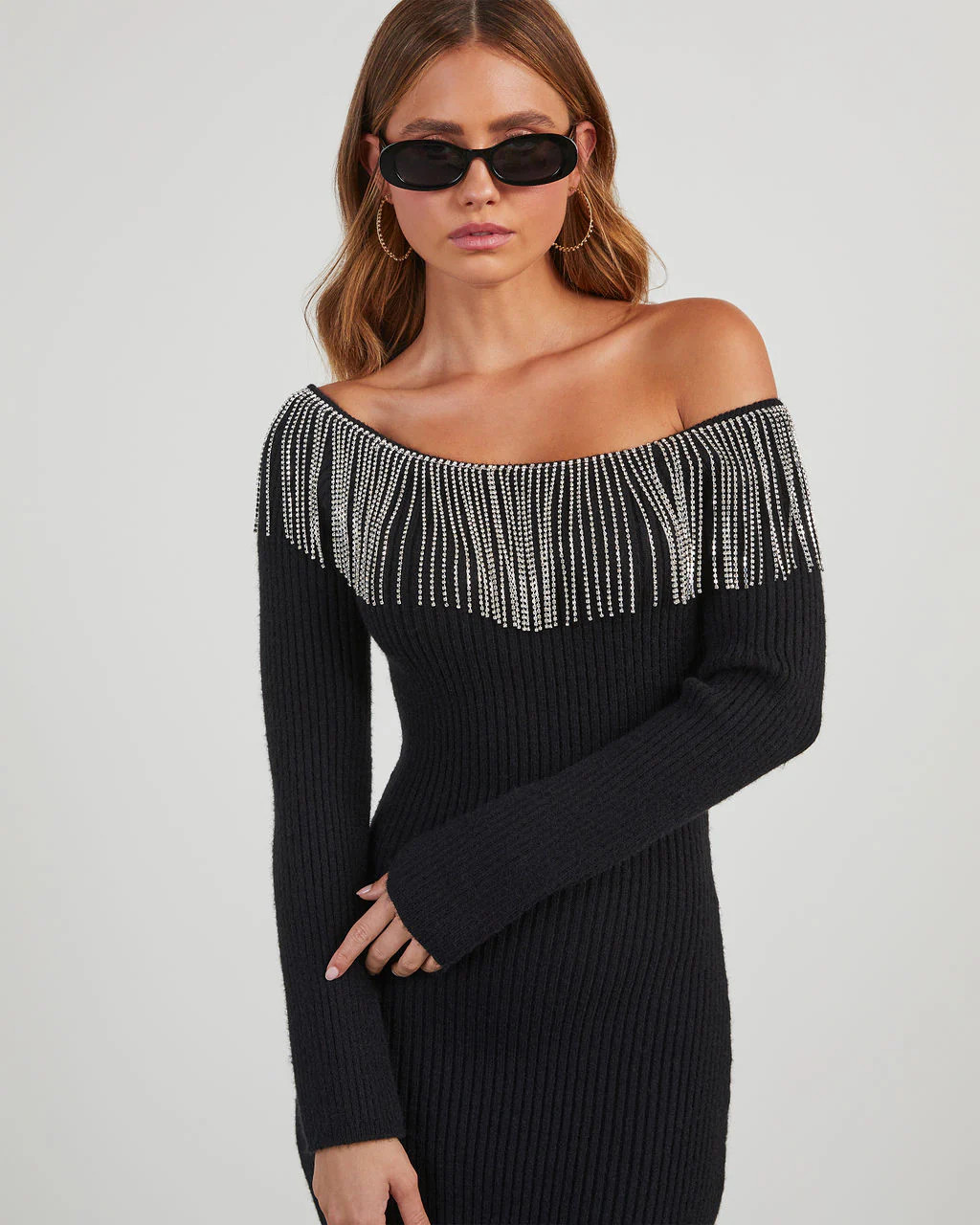 Dante Off The Shoulder Rhinestone Fringe Midi Dress | VICI