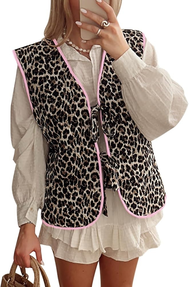 Tankaneo Womens Puffer Vest Sleeveless Leopard Print Tie Front Tops Quilted Gilet Jacket Coat Out... | Amazon (US)