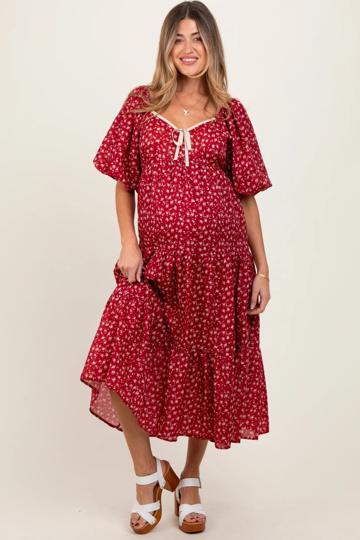 Red Floral Puff Sleeve Tiered Maternity Maxi Dress | PinkBlush Maternity