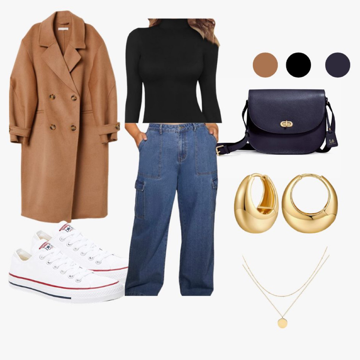 Fall outfit Vibes:
Brown coat, white converse, gold earrings, cargo pants, denim, navy bag, hand bag, black turtleneck 

#LTKworkwear #LTKstyletip #LTKFind