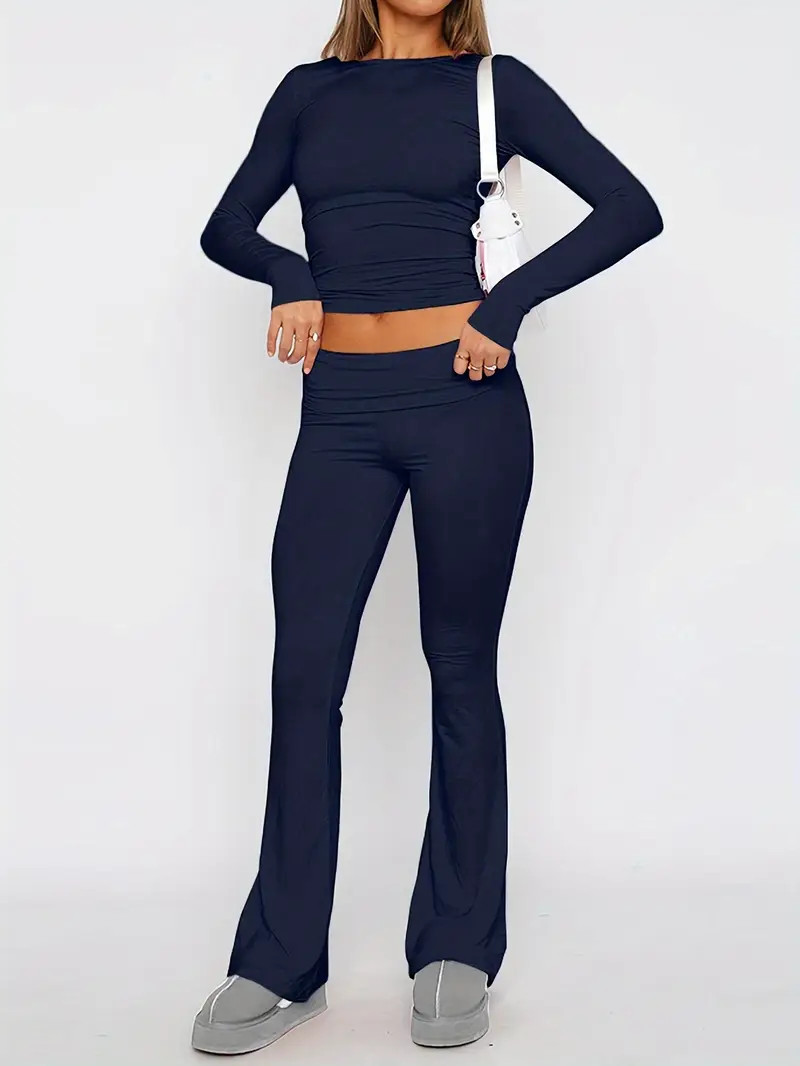 Casual Solid Lounge Set Long Sleeve Crew Neck Slim Fit Crop - Temu | Temu Affiliate Program