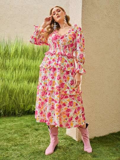 SHEIN Plus Ruffle Trim Shirred Waist Floral Print Dress | SHEIN