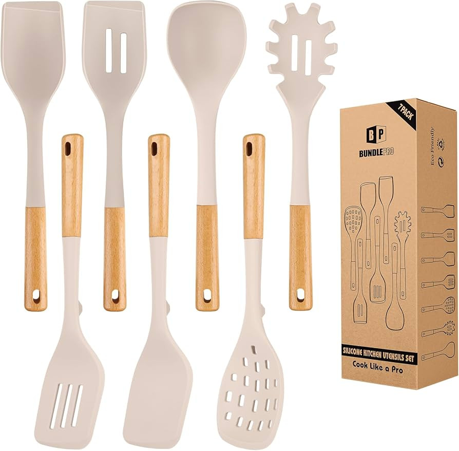 Silicone Kitchen Utensil Set for Non Stick Cookware, 7 Pcs Heat Resistant Cooking Utensils with W... | Amazon (US)