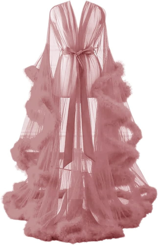 Changuan Sexy Feather Robe Long Fur Tulle Robe Sheer Lingerie Maternity Photoshoot Dress Sleepwea... | Amazon (US)