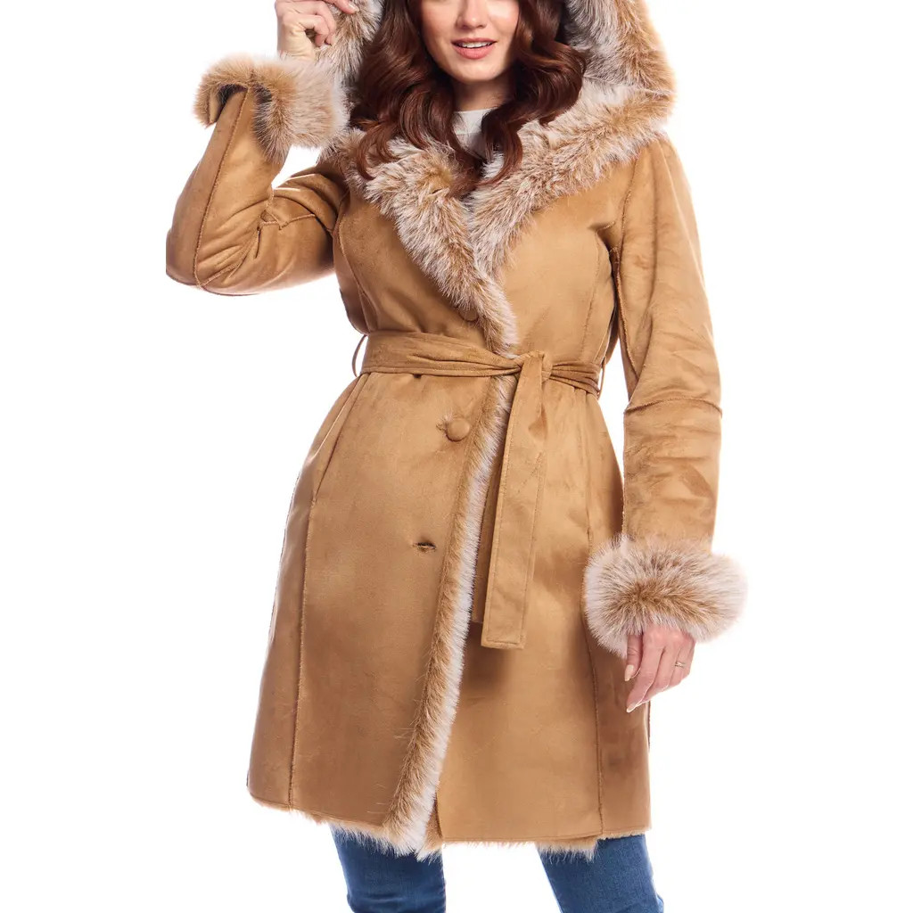 DONNA SALYERS FABULOUS FURS Sundown Faux Fur & Faux Suede Belted Coat in Tobacco at Nordstrom, Size Small | Nordstrom