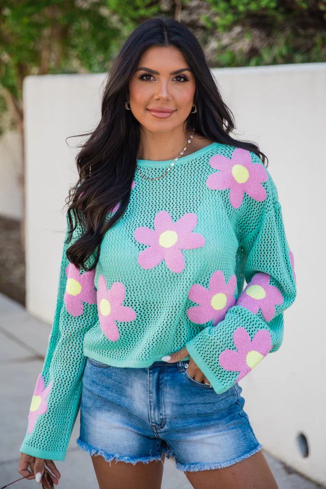 Follow You Around Mint And Pink Flower Embroidered Sweater | Pink Lily