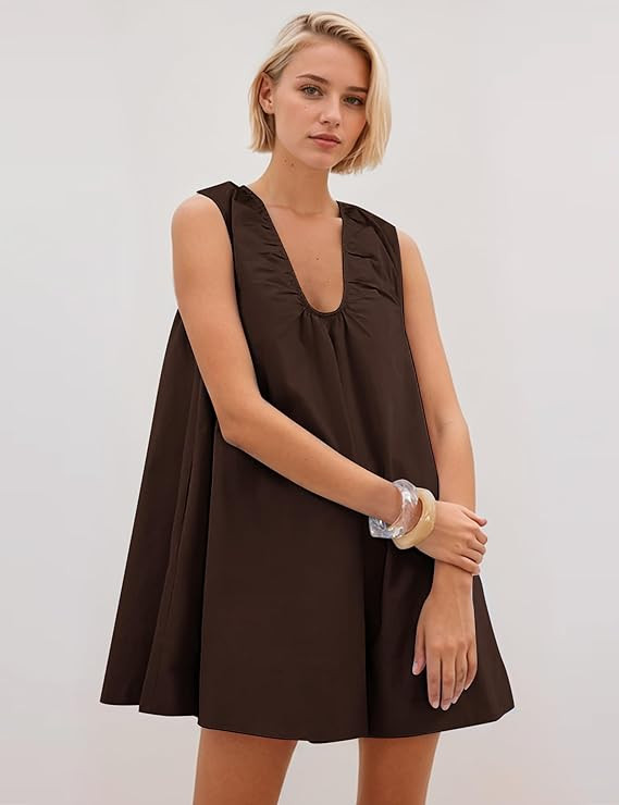 Livtany Women's Scoop Neck Babydoll Cute Mini Dress Flowy Sleeveless Short Dress Ruched Loose Fit... | Amazon (US)