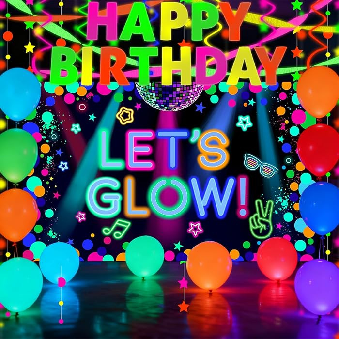 Glow in the Dark Party Supplies - Let’s Glow Backdrop, UV Banner, Balloons, Paper Streamers, Ne... | Amazon (US)