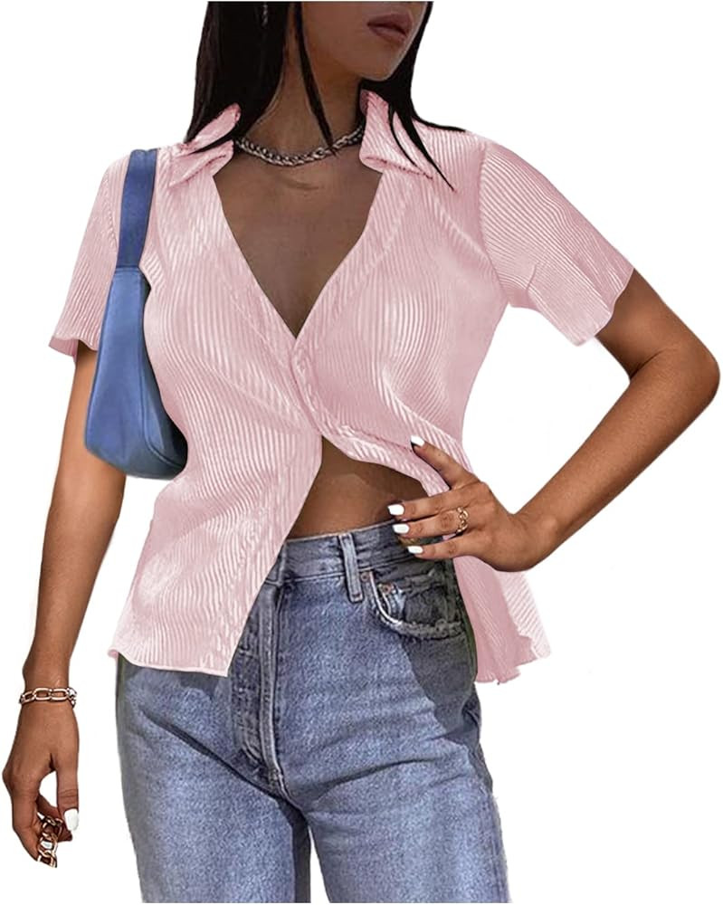 LYANER Women's Deep V Neck Button Front Split Slit Short Sleeve Sexy Blouse Top Shirt | Amazon (US)