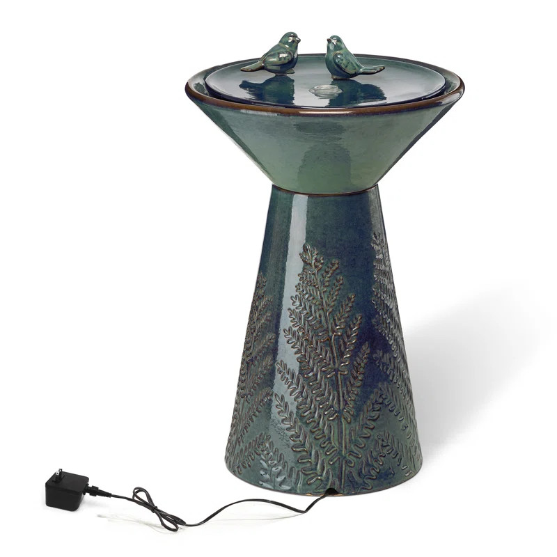 Kelly Clarkson Home Loulou Two Birds Embossed Plant Pattern Pedestal Ceramic Fountain With Light ... | Wayfair North America