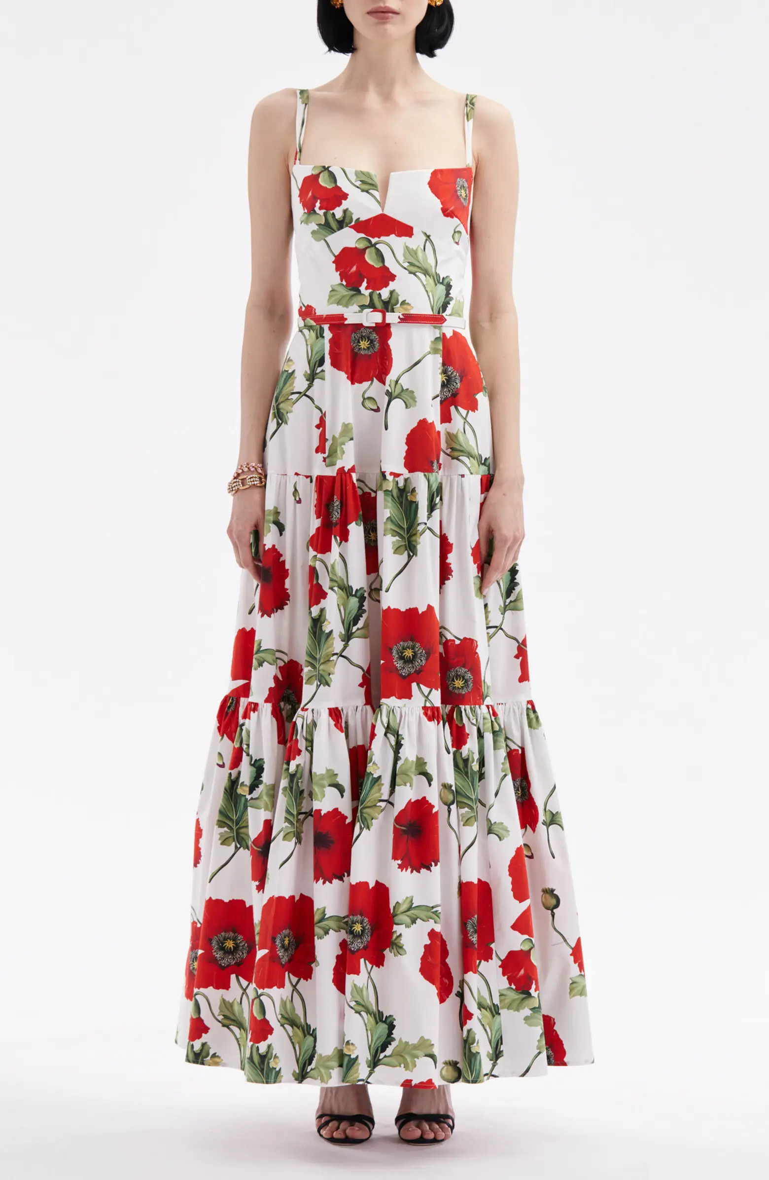 Oscar de la Renta Poppy Print Belted Tiered Stretch Cotton Dress | Nordstrom | Nordstrom