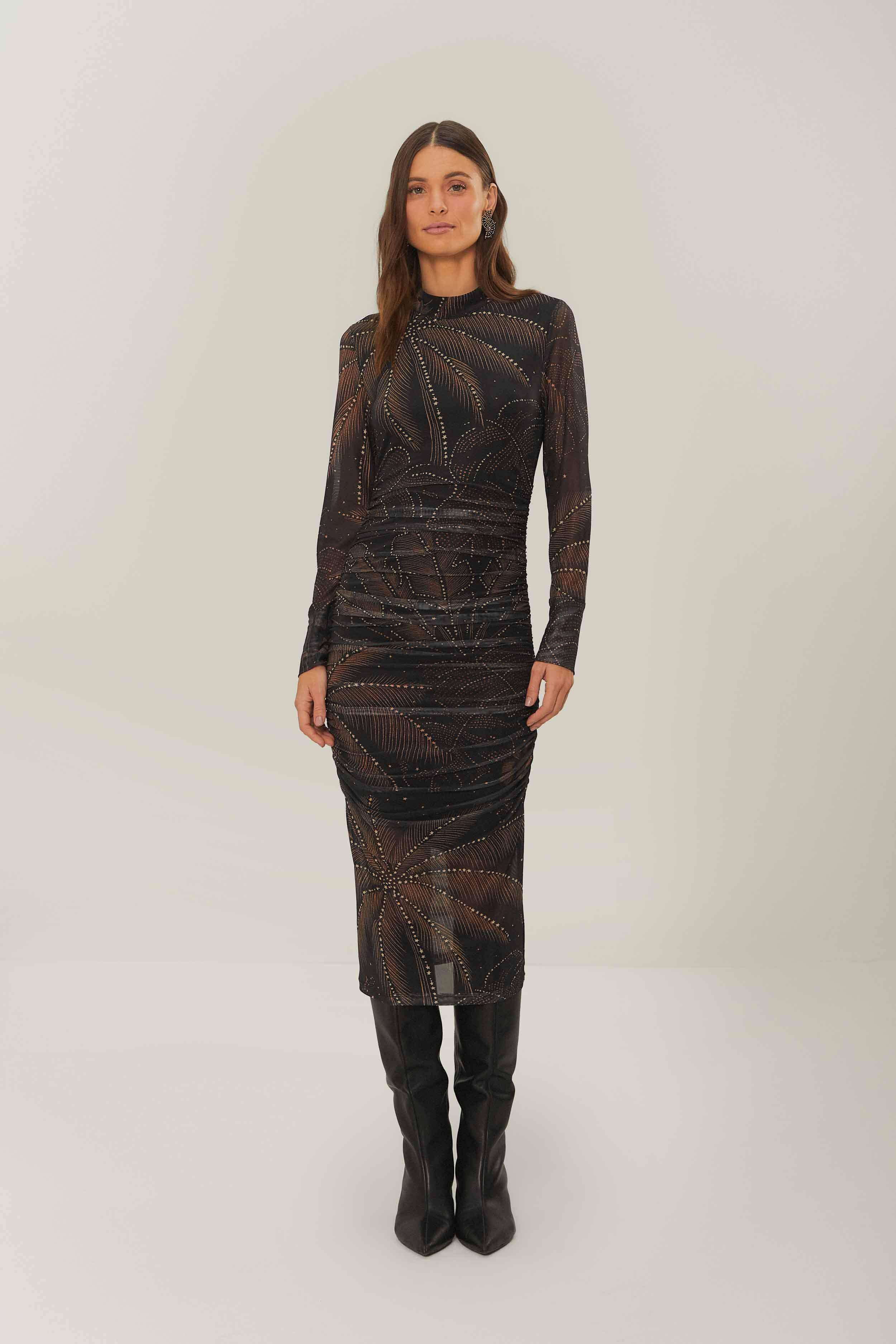 Black Golden Foliage Tulle Midi Dress | FarmRio (US)